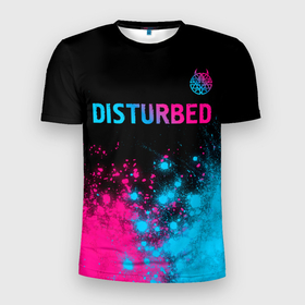 Мужская футболка 3D Slim с принтом Disturbed   neon gradient: символ сверху в Белгороде, 100% полиэстер с улучшенными характеристиками | приталенный силуэт, круглая горловина, широкие плечи, сужается к линии бедра | 