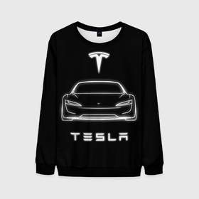 Мужской свитшот 3D с принтом Tesla white light в Белгороде, 100% полиэстер с мягким внутренним слоем | круглый вырез горловины, мягкая резинка на манжетах и поясе, свободная посадка по фигуре | tesla | авто | тесла | электрокар | электромобиль