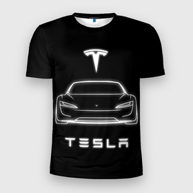 Мужская футболка 3D Slim с принтом Tesla white light в Санкт-Петербурге, 100% полиэстер с улучшенными характеристиками | приталенный силуэт, круглая горловина, широкие плечи, сужается к линии бедра | Тематика изображения на принте: tesla | авто | тесла | электрокар | электромобиль