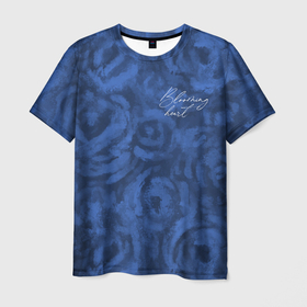Мужская футболка 3D с принтом Цветущее сердце синие абстрактные розы в Белгороде, 100% полиэфир | прямой крой, круглый вырез горловины, длина до линии бедер | Тематика изображения на принте: абстрактный | леттеринг | надпись | розы | синий | текстура | цветущее сердце | цветы