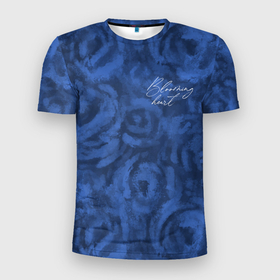 Мужская футболка 3D Slim с принтом Цветущее сердце синие абстрактные розы , 100% полиэстер с улучшенными характеристиками | приталенный силуэт, круглая горловина, широкие плечи, сужается к линии бедра | абстрактный | леттеринг | надпись | розы | синий | текстура | цветущее сердце | цветы