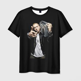 Мужская футболка 3D с принтом Eminem rap hip hop в Санкт-Петербурге, 100% полиэфир | прямой крой, круглый вырез горловины, длина до линии бедер | rapper | stereo system | tape recorder | магнитофон | рэп | рэппер | стереосистема | хип хоп | эминем