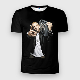 Мужская футболка 3D Slim с принтом Eminem rap hip hop в Новосибирске, 100% полиэстер с улучшенными характеристиками | приталенный силуэт, круглая горловина, широкие плечи, сужается к линии бедра | Тематика изображения на принте: rapper | stereo system | tape recorder | магнитофон | рэп | рэппер | стереосистема | хип хоп | эминем