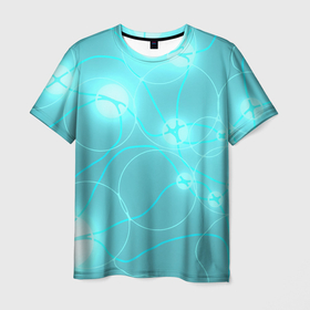 Мужская футболка 3D с принтом голубая неоновая абстрактная геометрия в Кировске, 100% полиэфир | прямой крой, круглый вырез горловины, длина до линии бедер | Тематика изображения на принте: абстракция | геометрия | круги | линии | неон