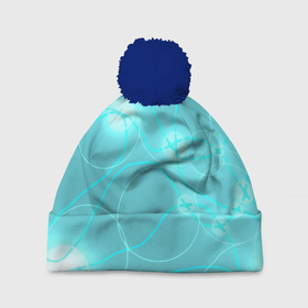 Шапка 3D c помпоном с принтом голубая неоновая абстрактная геометрия в Кировске, 100% полиэстер | универсальный размер, печать по всей поверхности изделия | Тематика изображения на принте: абстракция | геометрия | круги | линии | неон
