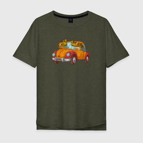Мужская футболка хлопок Oversize с принтом Лягухи на ретро автомобиле в Петрозаводске, 100% хлопок | свободный крой, круглый ворот, “спинка” длиннее передней части | Тематика изображения на принте: frog | автомобиль | жаба | лягуха | лягушка | ретро