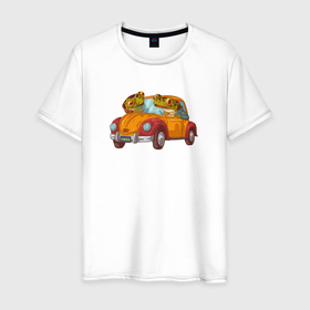 Мужская футболка хлопок с принтом Лягухи на ретро автомобиле в Екатеринбурге, 100% хлопок | прямой крой, круглый вырез горловины, длина до линии бедер, слегка спущенное плечо. | frog | автомобиль | жаба | лягуха | лягушка | ретро