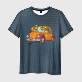 Мужская футболка 3D с принтом Веселые лягухи на авто в Курске, 100% полиэфир | прямой крой, круглый вырез горловины, длина до линии бедер | авто | жаба | лягухи | лягушки | ретро