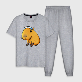 Мужская пижама хлопок с принтом Домашняя капибара в Санкт-Петербурге, 100% хлопок | брюки и футболка прямого кроя, без карманов, на брюках мягкая резинка на поясе и по низу штанин
 | animal | capybara | meme | memes | sweethuman | sweethumen | абстракция | арт | графика | животное | искусство | капибара | мем | мемы | разноцветный | сюрреализм | узоры | цвета