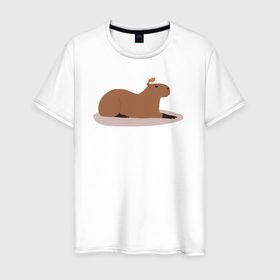 Мужская футболка хлопок с принтом Капибара лежит вместе с птичкой в Новосибирске, 100% хлопок | прямой крой, круглый вырез горловины, длина до линии бедер, слегка спущенное плечо. | animal | capybara | meme | memes | sweethuman | sweethumen | абстракция | арт | графика | животное | искусство | капибара | мем | мемы | разноцветный | сюрреализм | узоры | цвета