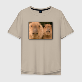Мужская футболка хлопок Oversize с принтом Два друга капибары на портрете , 100% хлопок | свободный крой, круглый ворот, “спинка” длиннее передней части | animal | capybara | meme | memes | sweethuman | sweethumen | абстракция | арт | графика | животное | искусство | капибара | мем | мемы | разноцветный | сюрреализм | узоры | цвета