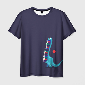 Мужская футболка 3D с принтом Диплодок с книгами , 100% полиэфир | прямой крой, круглый вырез горловины, длина до линии бедер | Тематика изображения на принте: diplodocus | динозавры | диплодок | книги