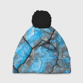 Шапка 3D c помпоном с принтом Растрескавшаяся поверхность голубого цвета в Курске, 100% полиэстер | универсальный размер, печать по всей поверхности изделия | abstraction | cracks | surface | textura | абстракция | поверхность | текстура | трещины