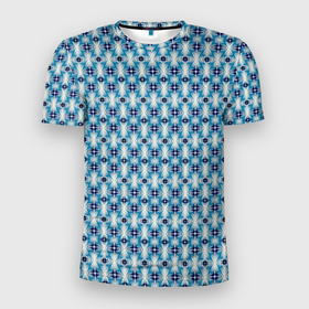 Мужская футболка 3D Slim с принтом Сине белый геометрический икат узор в Новосибирске, 100% полиэстер с улучшенными характеристиками | приталенный силуэт, круглая горловина, широкие плечи, сужается к линии бедра | abstract | blue | blue white | ethnic | geometric | ikat | ikat pattern | oriental | scandinavian | white | абстрактный | белый | восточный | геометрический | икат | икат узор | сине белый | синий | скандинавский | этнический
