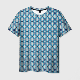 Мужская футболка 3D с принтом Сине белый геометрический икат узор , 100% полиэфир | прямой крой, круглый вырез горловины, длина до линии бедер | abstract | blue | blue white | ethnic | geometric | ikat | ikat pattern | oriental | scandinavian | white | абстрактный | белый | восточный | геометрический | икат | икат узор | сине белый | синий | скандинавский | этнический