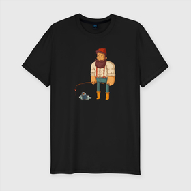 Мужская футболка хлопок Slim с принтом Хипстер рыбак в Новосибирске, 92% хлопок, 8% лайкра | приталенный силуэт, круглый вырез ворота, длина до линии бедра, короткий рукав | Тематика изображения на принте: бородач | рыбак | рыбалка | субкультура | хипстер
