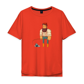 Мужская футболка хлопок Oversize с принтом Хипстер рыбак в Новосибирске, 100% хлопок | свободный крой, круглый ворот, “спинка” длиннее передней части | Тематика изображения на принте: бородач | рыбак | рыбалка | субкультура | хипстер