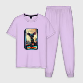 Мужская пижама хлопок с принтом Кибернетическая мышь в постапокалипсис в Санкт-Петербурге, 100% хлопок | брюки и футболка прямого кроя, без карманов, на брюках мягкая резинка на поясе и по низу штанин
 | 