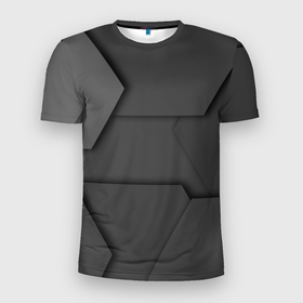 Мужская футболка 3D Slim с принтом Черные геометрические фигуры в трехмерном пространстве в Екатеринбурге, 100% полиэстер с улучшенными характеристиками | приталенный силуэт, круглая горловина, широкие плечи, сужается к линии бедра | 3д | геометрия | пространство | трехмерное | фигуры