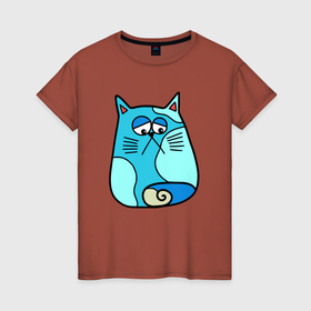 Женская футболка хлопок с принтом Грустный синий кот в Санкт-Петербурге, 100% хлопок | прямой крой, круглый вырез горловины, длина до линии бедер, слегка спущенное плечо | кот | кошка | синий кот | синяя кошка