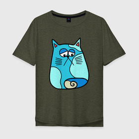 Мужская футболка хлопок Oversize с принтом Грустный синий кот , 100% хлопок | свободный крой, круглый ворот, “спинка” длиннее передней части | кот | кошка | синий кот | синяя кошка
