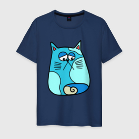 Мужская футболка хлопок с принтом Грустный синий кот в Петрозаводске, 100% хлопок | прямой крой, круглый вырез горловины, длина до линии бедер, слегка спущенное плечо. | кот | кошка | синий кот | синяя кошка