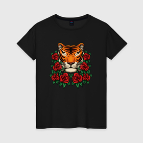 Женская футболка хлопок с принтом Тигр в розах в Санкт-Петербурге, 100% хлопок | прямой крой, круглый вырез горловины, длина до линии бедер, слегка спущенное плечо | роза | розы | тигр | тигрица | тигры | цветы