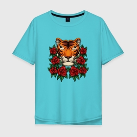 Мужская футболка хлопок Oversize с принтом Тигр в розах в Белгороде, 100% хлопок | свободный крой, круглый ворот, “спинка” длиннее передней части | роза | розы | тигр | тигрица | тигры | цветы