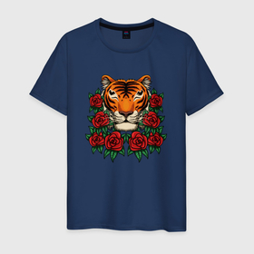 Мужская футболка хлопок с принтом Тигр в розах в Курске, 100% хлопок | прямой крой, круглый вырез горловины, длина до линии бедер, слегка спущенное плечо. | роза | розы | тигр | тигрица | тигры | цветы