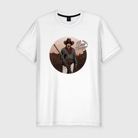 Мужская футболка хлопок Slim с принтом Western wild west в Новосибирске, 92% хлопок, 8% лайкра | приталенный силуэт, круглый вырез ворота, длина до линии бедра, короткий рукав | western | wild west | вестерн | дикий запад | запад | ковбои | ковбой | ружье