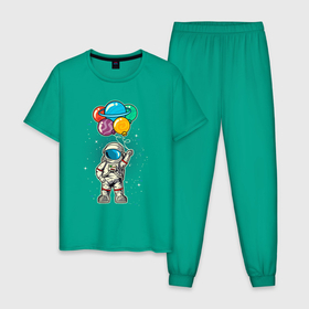 Мужская пижама хлопок с принтом Космонавт на воздушных шариках в Новосибирске, 100% хлопок | брюки и футболка прямого кроя, без карманов, на брюках мягкая резинка на поясе и по низу штанин
 | Тематика изображения на принте: астронавт | воздушные шарики | космонавт | космос | шарики