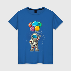 Женская футболка хлопок с принтом Космонавт на воздушных шариках в Белгороде, 100% хлопок | прямой крой, круглый вырез горловины, длина до линии бедер, слегка спущенное плечо | астронавт | воздушные шарики | космонавт | космос | шарики