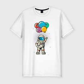 Мужская футболка хлопок Slim с принтом Космонавт на воздушных шариках в Курске, 92% хлопок, 8% лайкра | приталенный силуэт, круглый вырез ворота, длина до линии бедра, короткий рукав | Тематика изображения на принте: астронавт | воздушные шарики | космонавт | космос | шарики