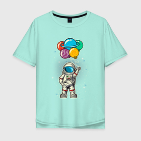 Мужская футболка хлопок Oversize с принтом Космонавт на воздушных шариках в Курске, 100% хлопок | свободный крой, круглый ворот, “спинка” длиннее передней части | Тематика изображения на принте: астронавт | воздушные шарики | космонавт | космос | шарики
