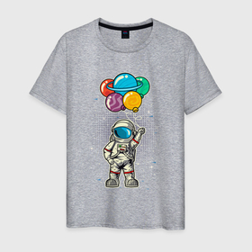 Мужская футболка хлопок с принтом Космонавт на воздушных шариках в Кировске, 100% хлопок | прямой крой, круглый вырез горловины, длина до линии бедер, слегка спущенное плечо. | Тематика изображения на принте: астронавт | воздушные шарики | космонавт | космос | шарики