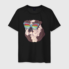 Мужская футболка хлопок с принтом Крупный бульдог в радужных очках в Новосибирске, 100% хлопок | прямой крой, круглый вырез горловины, длина до линии бедер, слегка спущенное плечо. | бульдог | крупный бульдог | пес | радужные очки | розовые очки | собака