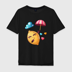 Мужская футболка хлопок Oversize с принтом лимон летит под зонтом в Санкт-Петербурге, 100% хлопок | свободный крой, круглый ворот, “спинка” длиннее передней части | limon | летит на зонте | лимон | лимончик | полет