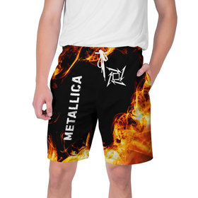 Мужские шорты 3D с принтом Metallica и пылающий огонь в Петрозаводске,  полиэстер 100% | прямой крой, два кармана без застежек по бокам. Мягкая трикотажная резинка на поясе, внутри которой широкие завязки. Длина чуть выше колен | 