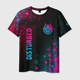 Мужская футболка 3D с принтом Disturbed   neon gradient: символ и надпись вертикально в Санкт-Петербурге, 100% полиэфир | прямой крой, круглый вырез горловины, длина до линии бедер | 