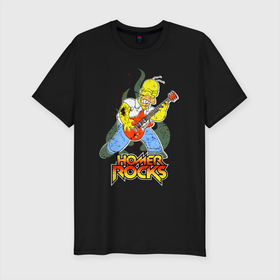 Мужская футболка хлопок Slim с принтом Гомер   рок гитарист в Курске, 92% хлопок, 8% лайкра | приталенный силуэт, круглый вырез ворота, длина до линии бедра, короткий рукав | cartoon | guitar | homer | rock | solo | гитара | гомер | мультфильм | рок | соло