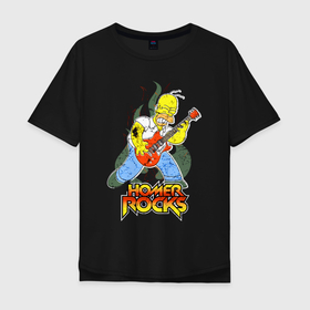 Мужская футболка хлопок Oversize с принтом Гомер   рок гитарист в Новосибирске, 100% хлопок | свободный крой, круглый ворот, “спинка” длиннее передней части | Тематика изображения на принте: cartoon | guitar | homer | rock | solo | гитара | гомер | мультфильм | рок | соло