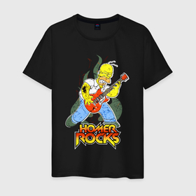 Мужская футболка хлопок с принтом Гомер   рок гитарист в Екатеринбурге, 100% хлопок | прямой крой, круглый вырез горловины, длина до линии бедер, слегка спущенное плечо. | Тематика изображения на принте: cartoon | guitar | homer | rock | solo | гитара | гомер | мультфильм | рок | соло