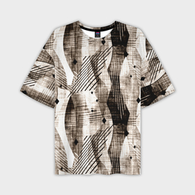Мужская футболка oversize 3D с принтом Абстрактный гранжевый коричнево бежевый в Новосибирске,  |  | Тематика изображения на принте: abstract | black | brown | brown beige | fashiona | geometric | grunge | lines | mesh | shapes | striped | stripes | white | абстрактный | белый | геометрический | гранжевый | коричнево бежевый | коричневый | линии | модный | молодежный | полосатый