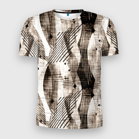 Мужская футболка 3D Slim с принтом Абстрактный гранжевый коричнево бежевый в Белгороде, 100% полиэстер с улучшенными характеристиками | приталенный силуэт, круглая горловина, широкие плечи, сужается к линии бедра | abstract | black | brown | brown beige | fashiona | geometric | grunge | lines | mesh | shapes | striped | stripes | white | абстрактный | белый | геометрический | гранжевый | коричнево бежевый | коричневый | линии | модный | молодежный | полосатый