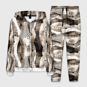 Мужской костюм 3D с принтом Абстрактный гранжевый коричнево бежевый в Санкт-Петербурге, 100% полиэстер | Манжеты и пояс оформлены тканевой резинкой, двухслойный капюшон со шнурком для регулировки, карманы спереди | abstract | black | brown | brown beige | fashiona | geometric | grunge | lines | mesh | shapes | striped | stripes | white | абстрактный | белый | геометрический | гранжевый | коричнево бежевый | коричневый | линии | модный | молодежный | полосатый