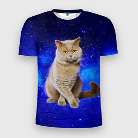 Мужская футболка 3D Slim с принтом Британский кот на фоне  звёздного неба в Екатеринбурге, 100% полиэстер с улучшенными характеристиками | приталенный силуэт, круглая горловина, широкие плечи, сужается к линии бедра | british | cat | cats | kitty | британская | британские | британский | кот | котёнок | котик | котята | кошечка | кошка