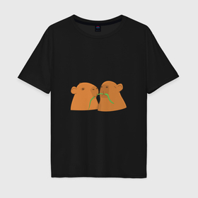 Мужская футболка хлопок Oversize с принтом Капибары кушают травку в Екатеринбурге, 100% хлопок | свободный крой, круглый ворот, “спинка” длиннее передней части | Тематика изображения на принте: 
