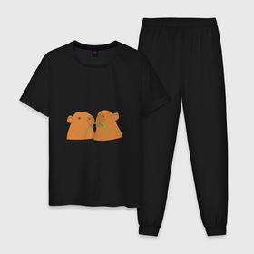 Мужская пижама хлопок с принтом Капибары кушают травку в Екатеринбурге, 100% хлопок | брюки и футболка прямого кроя, без карманов, на брюках мягкая резинка на поясе и по низу штанин
 | Тематика изображения на принте: 