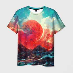 Мужская футболка 3D с принтом Огненный шторм , 100% полиэфир | прямой крой, круглый вырез горловины, длина до линии бедер | art | blue | bright | element | epic | fire | flame | nature | ocean | red | sea | sky | storm | thunder | арт | буря | красный | масштабный | море | небо | огонь | океан | пламя | природа | синий | стихия | фееричный | шторм | эпично | яркий