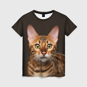 Женская футболка 3D с принтом Молодая бенгальская кошка в Белгороде, 100% полиэфир ( синтетическое хлопкоподобное полотно) | прямой крой, круглый вырез горловины, длина до линии бедер | bengal | cat | cats | kitty | бенгал | бенгальская | бенгальская кошка | бенгальские | бенгальский | кот | котёнок | котята | кошка | леопард | леопардовая | леопардовый
